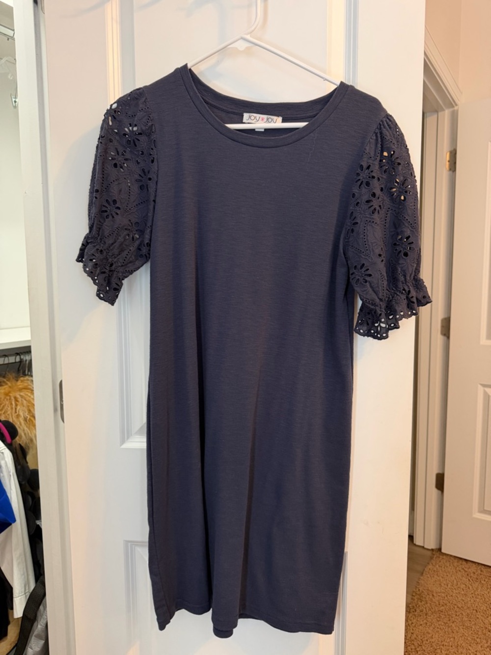 Joy Joy Navy Crewneck T-Shirt Dress with Eyelet Detail